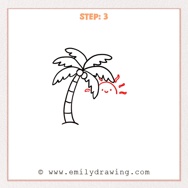 how to draw a cartoon beach - A cartoon beach scene with a palm tree and a smiling half-sun peeking from behind it, surrounded by small curved sunbeams.